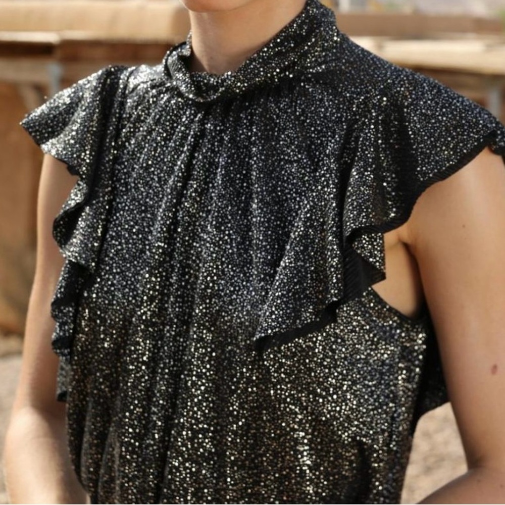 Sabina Musayev Black Ruffle Shoulder High Neck Diamond Shimmer Gold Top Size XS